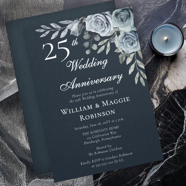Elegant Navy Floral 25th Wedding Anniversary Inbjudningar (Elegant navy floral 25th anniversary invitation with romantic watercolor roses)