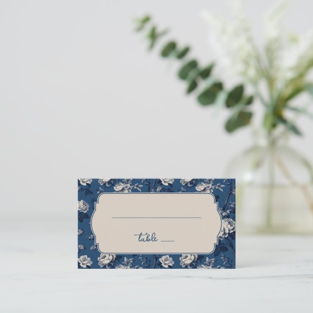 Elegant Navy Floral Placeringskort (Stående Fram)