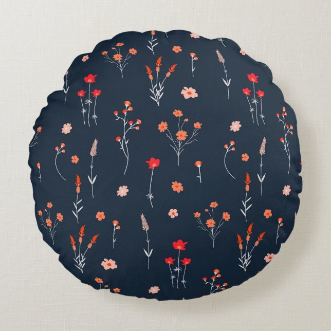 Elegant Navy Floral Round Pillow Rund Kudde (Framsidan)
