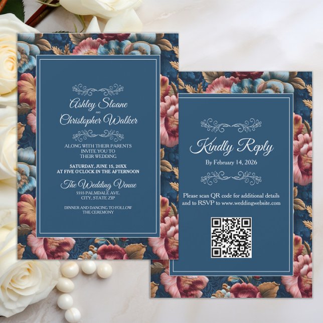 Elegant Navy Floral Teal RSVP QR code Wedding Inbjudningar (Teal peach floral velvet wedding invitation/rsvp combo with QR code)