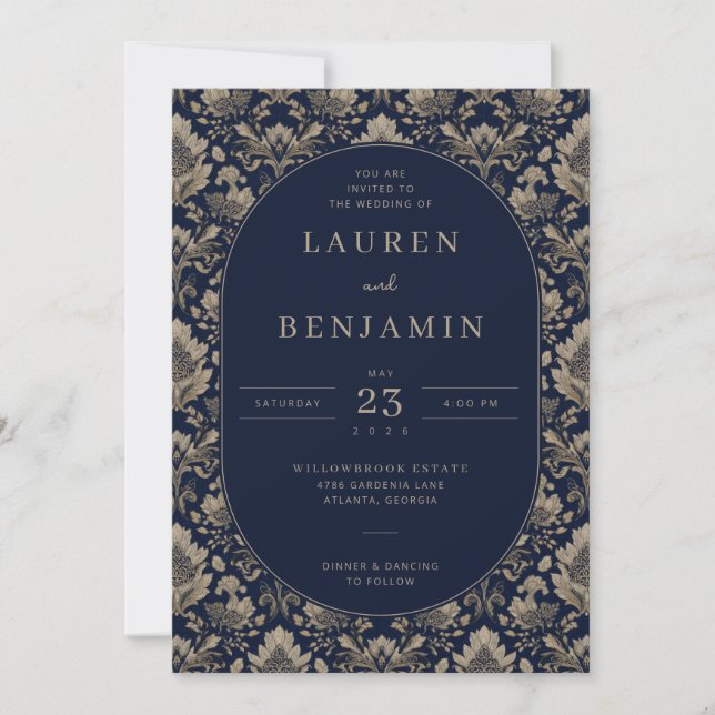 Elegant Navy Floral Wedding Invitation Inbjudningar (Framsida)