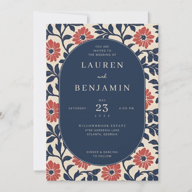 Elegant Navy Floral Wedding Invitation Inbjudningar (Framsida)