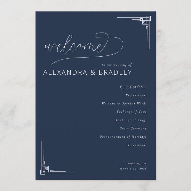 Elegant Navy Geometric Wedding Ceremony Schedule Program (Framsida)