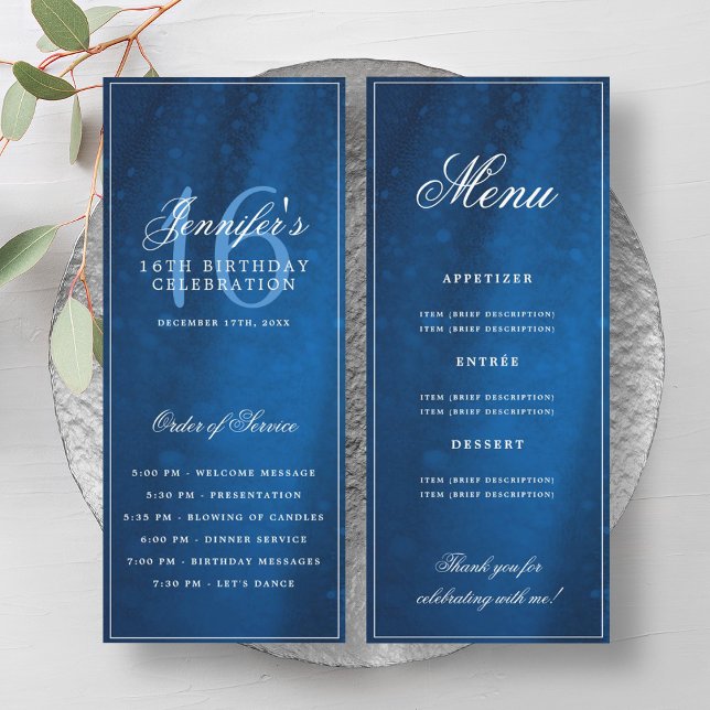 Elegant Navy Glitter 16-årsdag Program Meny (Elegant Navy Sparkle 16th Birthday Program Menu)