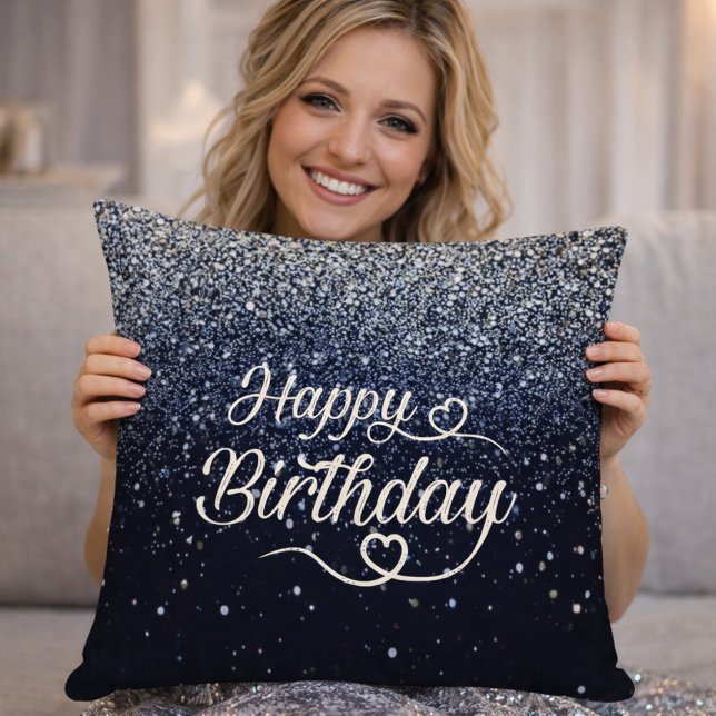 Elegant Navy Glitter Happy Birthday Throw Pillow Kudde (Skapare uppladdad)