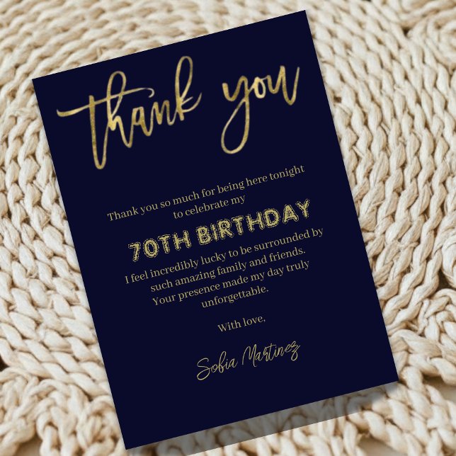 Elegant Navy Gold 70th Birthday Thank You Card Tack Kort (Skapare uppladdad)