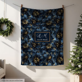 Elegant Navy Gold Blanket Custom Name Floral Art Fleecefilt