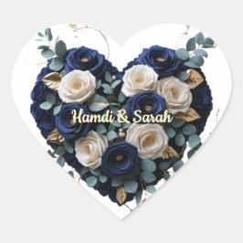 Elegant Navy Gold Floral Monogram Heart Sticker Hjärtformat Klistermärke