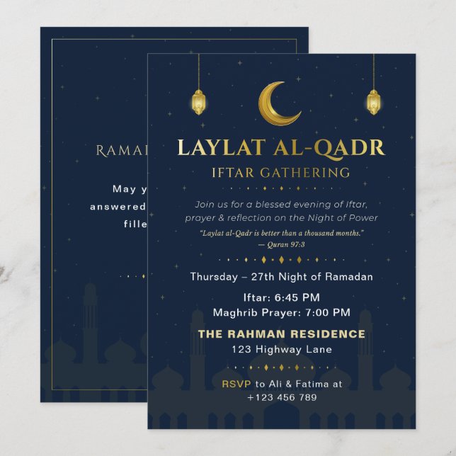 Elegant Navy & Gold Laylat al-Qadr Iftar-mottagnin Inbjudningar (Fram/baksida)