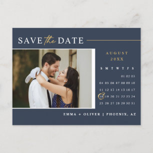 Elegant Navy Gold Spara datum-kalender QR-kod Vykort