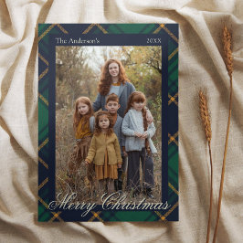 Elegant Navy Green Plaid Christmas Julkort