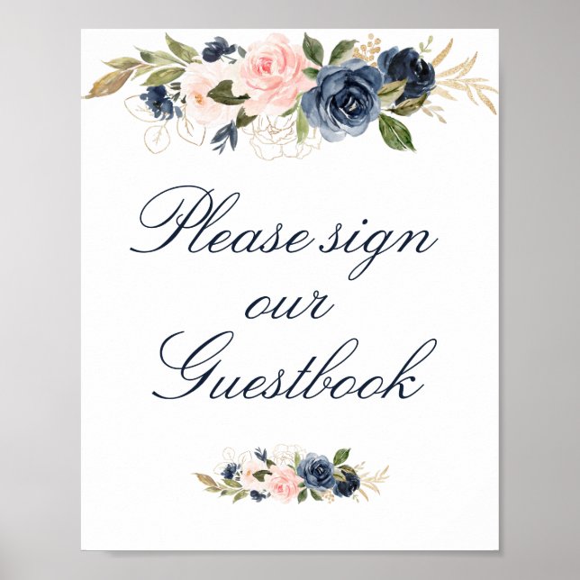 elegant Navy &  guestbook bröllop-tecken Poster (Framsidan)