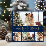 Elegant Navy Guld 4 Photo Collage jul Julkort<br><div class="desc">Elegant Calligraphy Minimalist Navy och Guld 4 Photo Collage God jul Script Helgdag Card. Den här festiva, imimalistiska, vismatiska 4 (4) fotokortsmallen innehåller en söt fotokollage och säger "God jul"! Texten "God jul" hälsning är skriven i ett vackert handskrivet, snabbt och färdigt, svan-typsnitt i guld färg på mörk marin blå...</div>