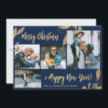 Elegant Navy Guld 4 Photo Collage julkort<br><div class="desc">Elegant, Modern Guld och Navy Botanical Löv 4 Photo Collage God jul Helgdag Card. Den här festliga, minimalistiska, vimisiga fyra (4) fotokortsmallen innehåller ett söt fotokollage, faux guld foil botanical löv, winterbär och säger God jul och Gott nytt år! Texten "God jul och Gott nytt år" hälsning är skriven med...</div>