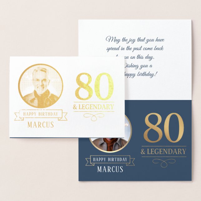 Elegant Navy & Guld 80-års & Legendarisk Födelseda Folierat Kort (Display)