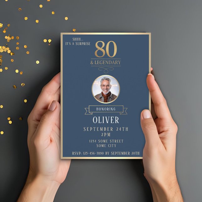 Elegant Navy & Guld 80-års & Legendarisk Födelseda Inbjudningar (Skapare uppladdad)