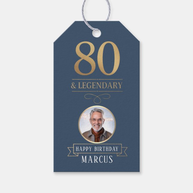 Elegant Navy & Guld 80:e och Legendary Birthday Presentetikett (Framsidan)