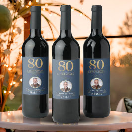 Elegant Navy & Guld 80:e och Legendary Birthday Vinflaska Etikett