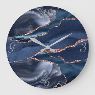 Elegant Navy Guld Agate Abstrakt Silver Nummer Stor Klocka