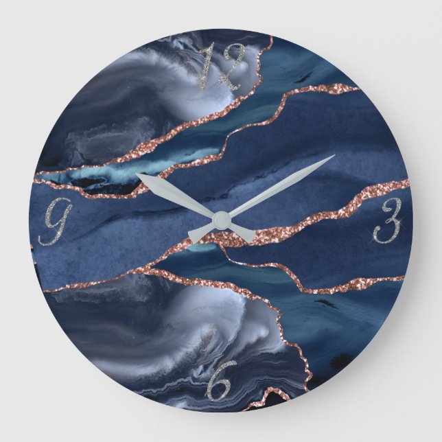 Elegant Navy Guld Agate Abstrakt Silver Nummer Stor Klocka (Framsida)