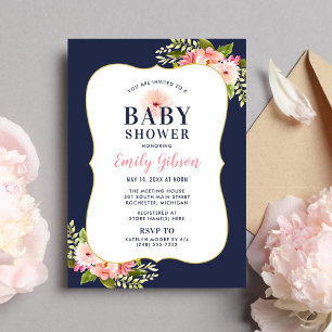 Elegant Navy Guld Blommig Bebis Flick Shower Inbjudningar