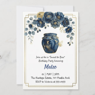 Elegant Navy Guld Blommig Bina Honung Födelsedag Inbjudningar
