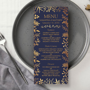 Elegant Navy & Guld Blommigt Bröllop Menu Reklamkort