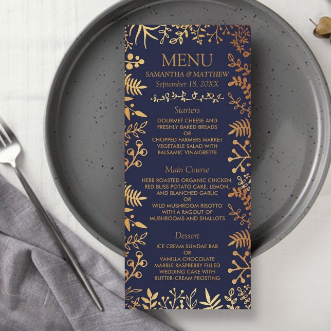 Elegant Navy & Guld Blommigt Bröllop Menu Reklamkort (Skapare uppladdad)
