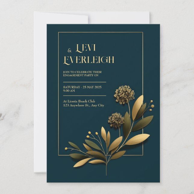 Elegant Navy Guld Botanisk Bröllop Inbjudningar (Framsida)