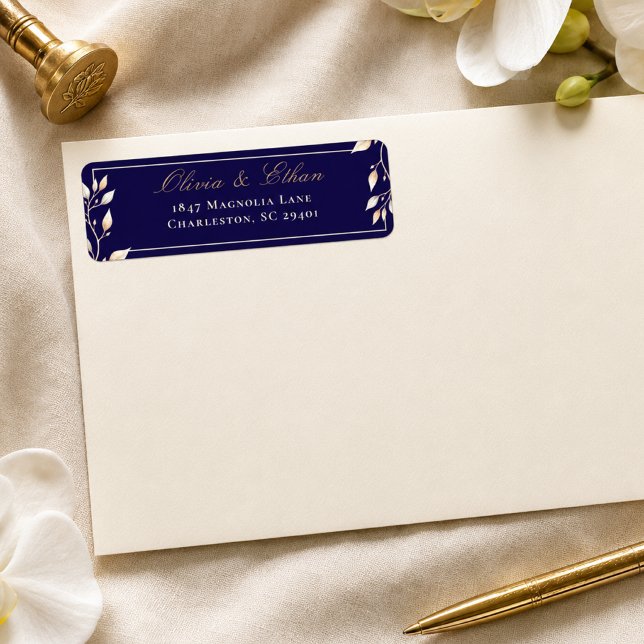 Elegant Navy Guld Botanisk Bröllopsreturadress Returadress Etikett (Skapare uppladdad)