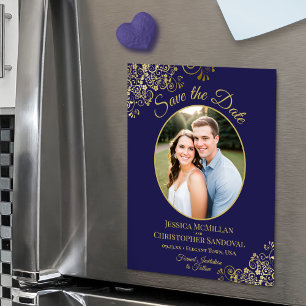 Elegant Navy & Guld Bröllop Spara Datum Foto Magnetisk Inbjudningskort