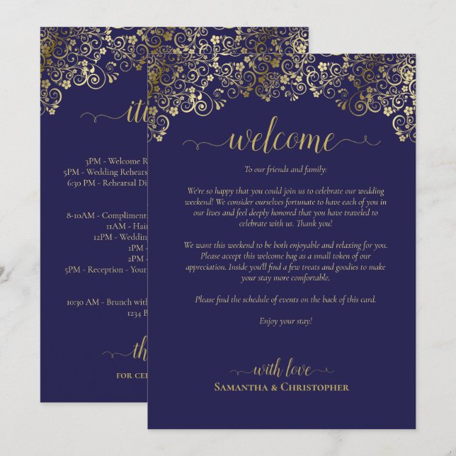Elegant Navy & Guld Bröllop Välkomst & Program (Fram/baksida)