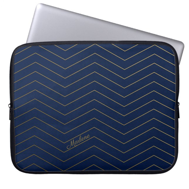 Elegant Navy-Guld Chevron Mönster med eget namn Laptop Fodral (Framsidan)
