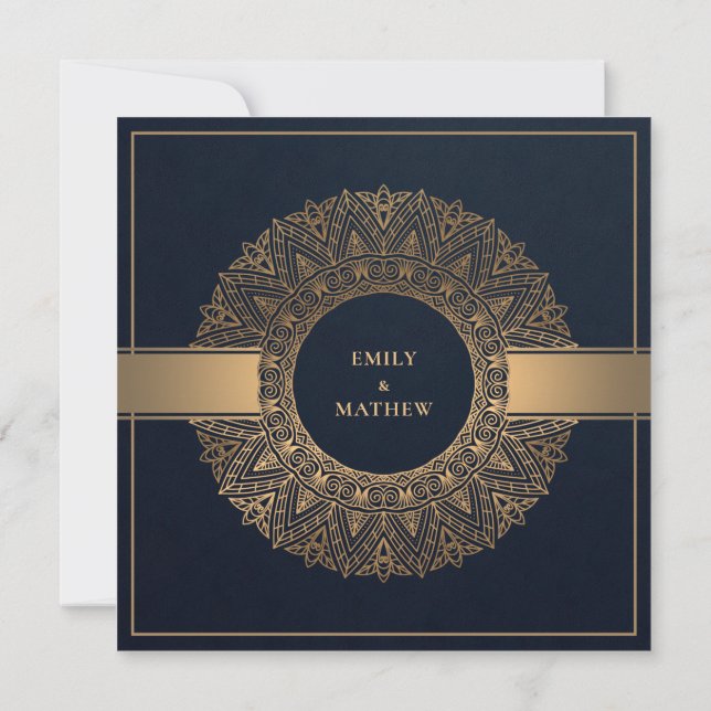 ELEGANT NAVY GULD CLASSIC ORNATE MANDALA BRÖLLOP INBJUDNINGAR (Baksida)