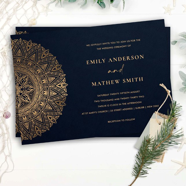 ELEGANT NAVY GULD CLASSIC ORNATE MANDALA BRÖLLOP INBJUDNINGAR (Skapare uppladdad)