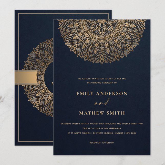 ELEGANT NAVY GULD CLASSIC ORNATE MANDALA BRÖLLOP INBJUDNINGAR (Fram/baksida)