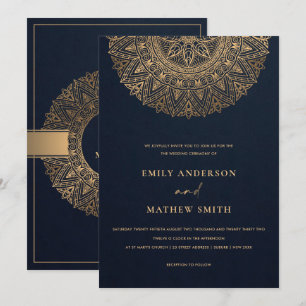 ELEGANT NAVY GULD CLASSIC ORNATE MANDALA BRÖLLOP INBJUDNINGAR