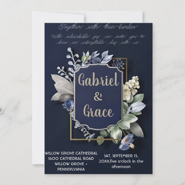 ELEGANT NAVY GULD CLASSIC WEDING INVICATION INBJUDNINGAR (Framsida)