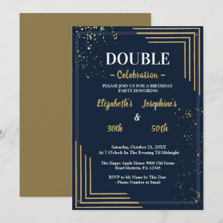Elegant Navy Guld Dubbel Födelsedagsfest Inbjudningar