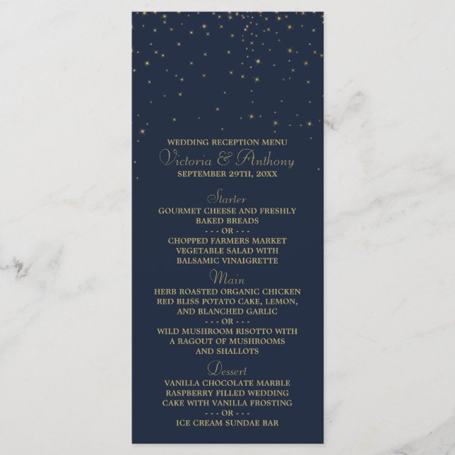 Elegant Navy & Guld Falling Stars Bröllop Menu Meny (Framsida)