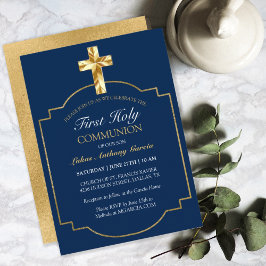 Elegant Navy Guld First Heliga Communion Inbjudningar