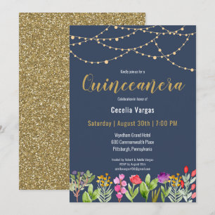Elegant Navy/Guld Glitter Blommigt Quinceanera Inbjudningar