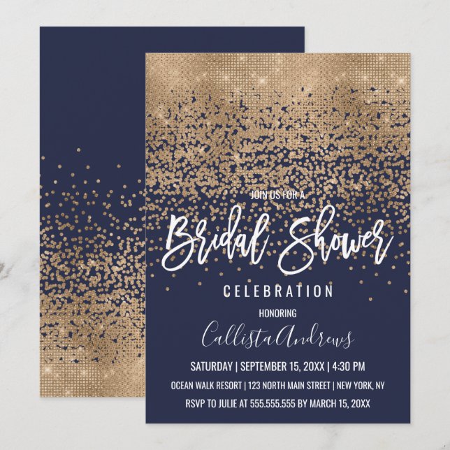 Elegant Navy Guld Glitter Confetti Möhippa Inbjudningar (Fram/baksida)