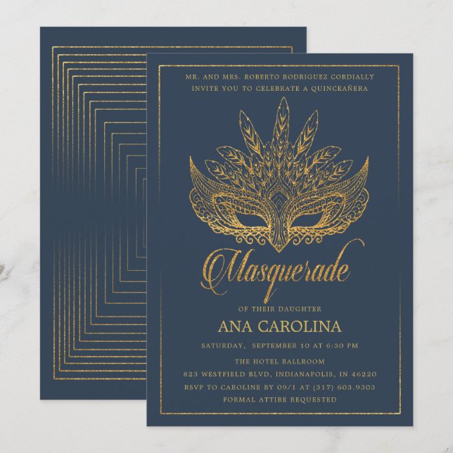 Elegant Navy Guld Glitter Masquerad Quinceañera Inbjudningar (Fram/baksida)