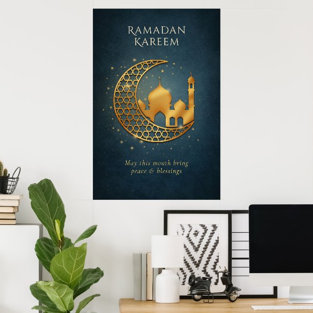 Elegant Navy Guld Islamisk Halvmåne Moské Ramadan Poster (Hemmakontoret)
