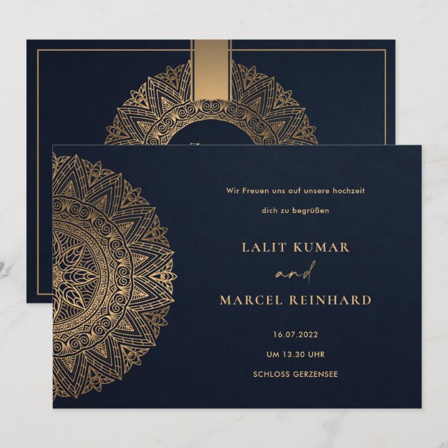 ELEGANT NAVY GULD KLASSISK UTSMYCKAD MANDALA BRÖLL INBJUDNINGAR (Fram/baksida)
