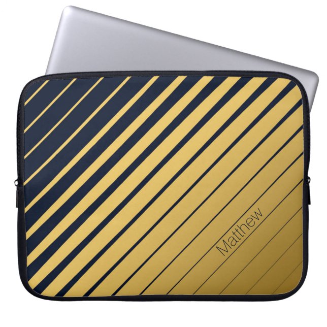 Elegant Navy & Guld Linjer med eget namn Laptop Fodral (Framsidan)