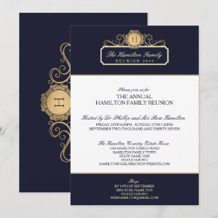 Elegant Navy Guld Monogram Family Reunion Inbjudningar