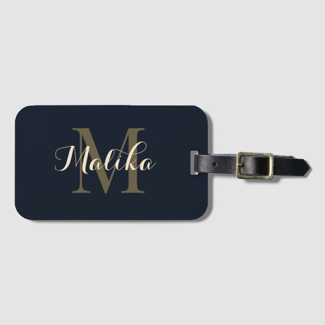 Elegant Navy Guld Monogram Personlig Akryl Bagagebricka (Framsida horisontal)