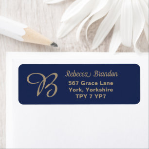 Elegant Navy Guld Namn Monogram Returadress Etikett